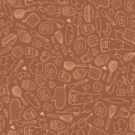 Cute seamless pattern with bakery hand drawn doodles on caramel background. Wrapping paper, textile prints, package, wallpaper, etc. EPS 10 Cute Baking Aesthetic Wallpaper, Cookies And Cream Wallpaper, Bakery Background Wallpaper, Baking Background Design, Bakery Wallpaper Backgrounds, Cooking Background Wallpaper, Cute Baking Wallpaper, Baking Wallpaper Backgrounds, Cooking Aesthetic Background