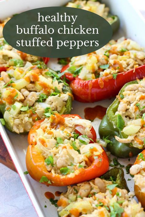 These Dairy-Free Buffalo Chicken Stuffed Peppers are going to be a staple in your dinner rotation! They're easy to make, and have a rich, creamy texture with a kick of spice! Perfect for anyone who is gluten-free, or looking for a healthier dinner option. Dairy Free Stuffed Peppers, Healthy Sweet Potato Muffins, Buffalo Chicken Stuffed Peppers, Jasmine Rice Recipes, Healthy Sweet Potato, Potato Muffins, Dinner Rotation, Sweet Potato Muffins, Chicken Stuffed