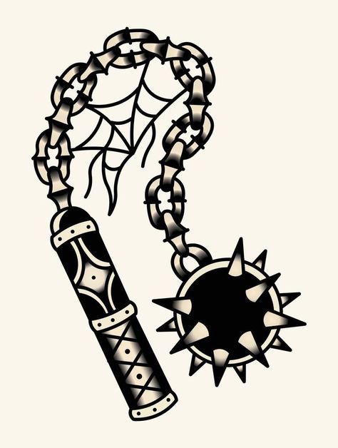 Vector illustration of flail in tattoo style. Black and white tattoo design element. Traditional Flail Tattoo, Black Out Tattoos, Flail Tattoo Design, Flail Tattoo, Old Style Tattoos, Banner Tattoo, Traditional Tattoo Black And White, Design Quiz, Black And White Tattoo