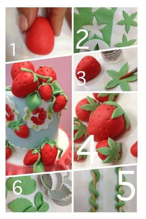 Strawberries Picture Tutorial Fruit Cake Decorating, Cake Decorated With Fruit, Frosting Techniques, Torte Cupcake, Garden Cakes, Cake Topper Tutorial, Strawberry Party, Cake Fondant, Fondant Tutorial