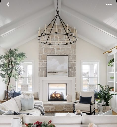 Ceiling Height Fireplace Ideas, Fireplace In Cathedral Living Room, Fireplace Vaulted Ceiling Windows, Fireplace With Windows Above, Corner Fireplace With Vaulted Ceiling, Fireplace With Built Ins And Windows, Fireplace With Vaulted Ceiling Ideas, Windows On Either Side Of Fireplace, Windows Next To Fireplace