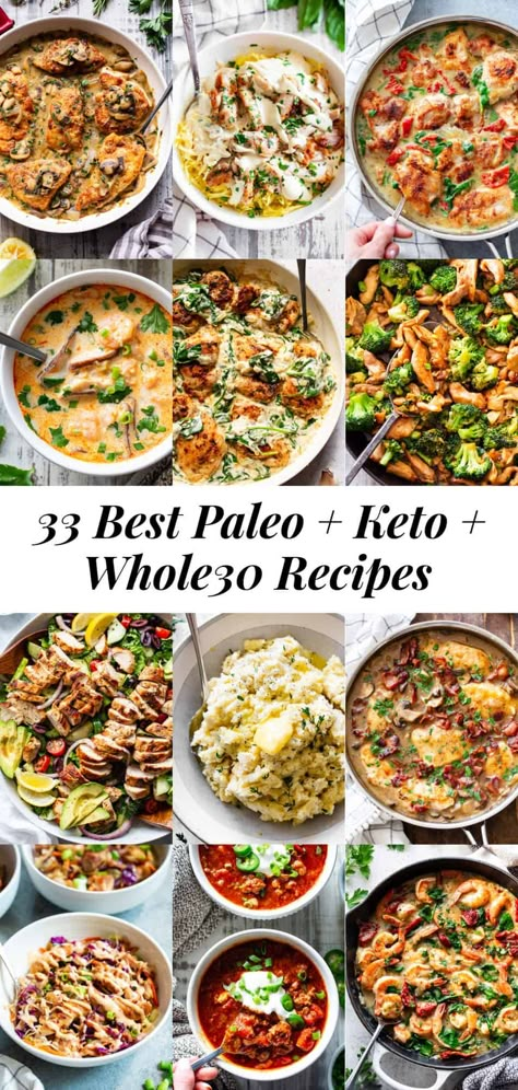 These 30 healthy, nourishing Paleo and Keto recipes are sure to make everyone in the family happy!  Each recipe is grain free,  dairy free, no added sugar, Whole30 and keto friendly, and easy to prep and cook.  #paleo #keto #cleaneating #glutenfree #whole30 Paleo Entertaining Dinners, Whole30 Keto Recipes, Whole 30 Entrees, Whole 30 Recipes For A Crowd, Whole 30 Low Carb, Asian Whole 30 Recipes, Whole30 Potluck Recipes, Whole30 Pasta Recipes, Whole 30 Holiday Recipes