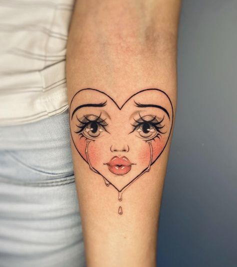 Love Heart Flower Tattoo, Heart Tattoo With Face, Heart With Face Tattoo, Feminine Face Tattoo, Line Face Tattoo, Cute Clown Tattoo, Cute Face Tattoos, Heart Face Tattoo, Heart Flower Tattoo