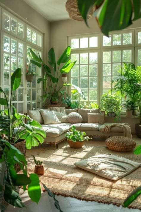 Room Ideas Greenery, Big Plants Indoor Living Rooms, Jungle Living Room, Style Room Ideas, Sunroom Library, Loft Living Space, Street Style Room, Nature Room, Plant Room