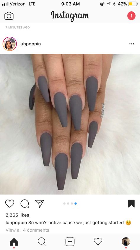 Matte Grey Nails Coffin, Matt Grey Nails, Grey Nails Matte, Gray Nails Ideas, Matte Grey Nails, Coffin Art, Nails Gray, Grey Matte Nails, Matte Acrylic Nails