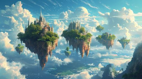 Floating Fantasy Island, Air World Fantasy Art, Floating Island Landscape, Fantasy Floating Islands, Floating Islands Fantasy Art, Neat Background, Fantasy Islands, Project Aesthetic, Dnd Backgrounds