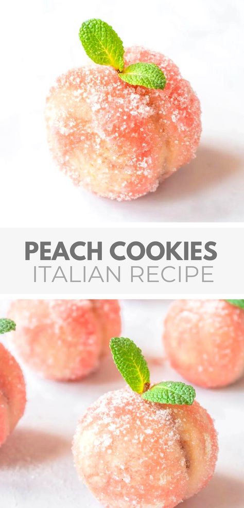 Italian Peach Cookies Recipe Unique Pastry Ideas, Colorful Cookies Recipes, Unique Bakery Treats, Italian Baking Recipes, Italian Patisserie, Summer Pastries, Italian Cookies Authentic, Italian Peach Cookies, Unique Pastries