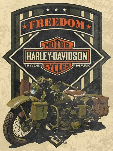 Mgs350 harley davidson motorcycles advertisement u.s. army military grade harley bike army green with all the add on features freedom harley davidson shield shaped logo heavy duty metal advertising sign measures about 12" wide and 16" tall pre-drilled holes for easy hanging & display this item is made to order and will take an average of 4-5 weeks to be manufactured and then will be shipped to your location! made of heavy duty gauge american steel here in the usa with a process known as sublimation where the image is baked into a powder coating for a durable and long lasting finish! Vintage Harley Davidson Art, Custom Bike Parts, Poker Run, Harley Davidson Artwork, Harley Davidson Art, Hanging Display, Harley Davidson Logo, Classic Artwork, Harley Bikes