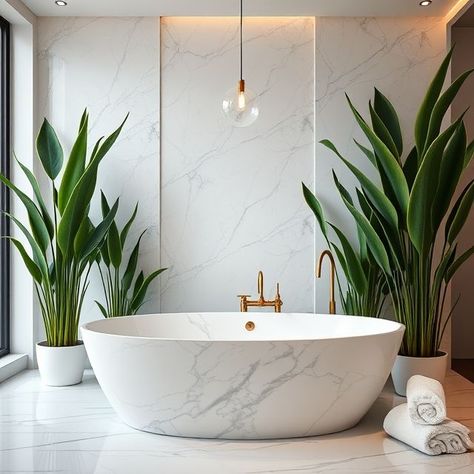 White marble bathtub in a luxurious bathroom setting with green plants, pendant lighting, white towels, and golden faucets Oval Bathtub, Marble Bathtub, Serene Bathroom, Bathroom Oasis, Freestanding Bath, White Towels, Free Standing Bath, Lush Green, Bathroom Sets