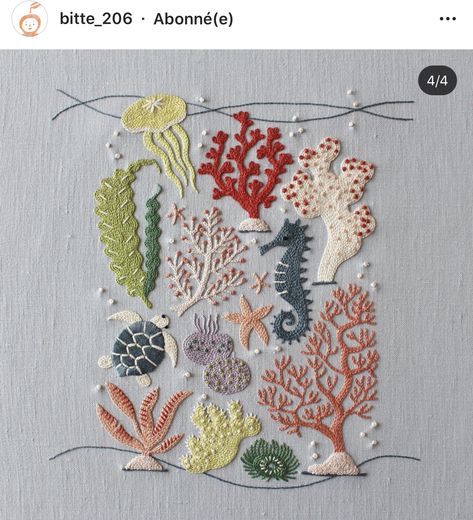 Sea Life Embroidery Patterns, Embroidered Sea Creatures, Marine Life Embroidery, Embroidery Sea Life, Sea Embroidery Ideas, Seahorse Embroidery, Ocean Embroidery, Watercolor Embroidery, Fish Embroidery