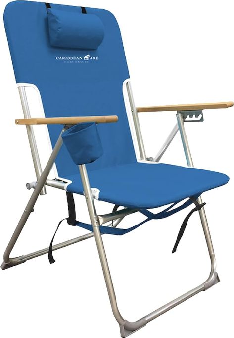 Caribbean Joe Folding Beach Chair, 4 Position Portable Backpack Foldable Camping Chair with Headrest, Cup Holder, and Wooden Armrests Foldable Camping Chair, Backpack Beach Chair, Folding Beach Chair, Camp Site, Pool Chairs, Camping Furniture, Gravity Chair, Beach Park, Camping Chair