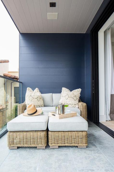 Blue Shiplap Balcony Walls Shiplap On Exterior Of House, Blue Balcony Decor, Painted Balcony Wall, Balcony Color Ideas Wall, Outdoor Shiplap Wall Patio, Balcony Wall Tiles Ideas, Tiles For Balcony Walls, Balcony Tiles Wall, Balcony Wall Tiles