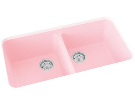 Colourful Kitchen Renovation Week 4: Pink Sink Pink Kitchen Sink, Pink Faucet, Kitchen Sinks Ideas, Ideas For Kitchen Decor, Kitchen Decor Pink, Pink Sink, Double Basin Kitchen Sink, Colored Sinks, Best Kitchen Colors