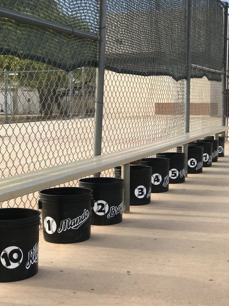 Baseball Dugout Bins, Baseball Baskets For Dugout, Tball Dugout Buckets, Baseball Buckets For Dugout Team Mom, Baseball Bucket Gift Ideas, Dugout Organization Baseball, Baseball Dugout Organization Team Mom, Baseball Coach Aesthetic, Dugout Baskets