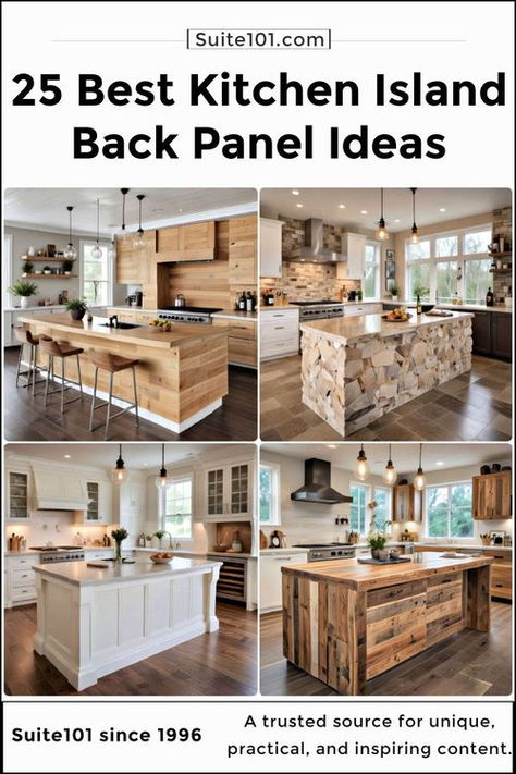 25 Kitchen Island Back Panel Ideas You’ll Love (2024) Kitchen Island Back Panel Ideas Stone, Kitchen Island Backwall, Island Kick Wall Ideas, Kitchen Island Wainscoting, Wood Panels Kitchen Island, Under Island Wall Ideas Tile, Kitchen Island With Wood Paneling, Kitchen Island Wallpaper Ideas, Wallpaper On Island Kitchen