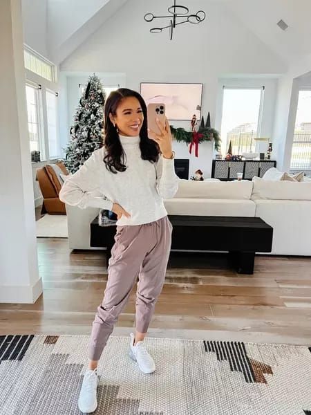 30% off athleisure outfit from Abercrombie. Love this super soft turtleneck sweatshirt because it’s elevated and can be dressed up. Pairing with mauve joggers. #LTKunder100 #LTKsalealert #LTKstyletip Athletic Leisure Outfit, Gray Sweatshirt Outfit, Abercrombie Outfits, Athleisure Work, Fireplace Shelf, Athleisure Outfit, Joggers Outfit, Turtleneck Sweatshirt, Fall Wear