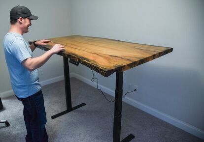 Sitting is the new smoking...they say...and I’ve been building a lot of stand up desks. Here’s how you can make one for your office Diy Standing Desk Plans, Standing Desk Base, Stand Up Desks, Furniture For Office, Raising Desk, Diy Standing Desk, Live Edge Desk, Desk Diy, Unique Desks