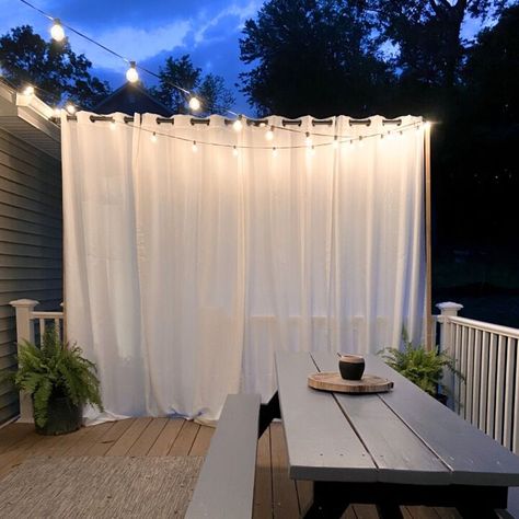 Backyard Curtains Privacy Screens, Patio Privacy Curtains Outdoor, Privacy Curtains For Deck, Diy Floating Curtains Outdoor, Diy Privacy Curtains Outdoor Spaces, Inexpensive Privacy Screen Outdoor, Deck Privacy Curtains, Floating Curtains Outdoor, Outdoor Privacy Ideas Inexpensive