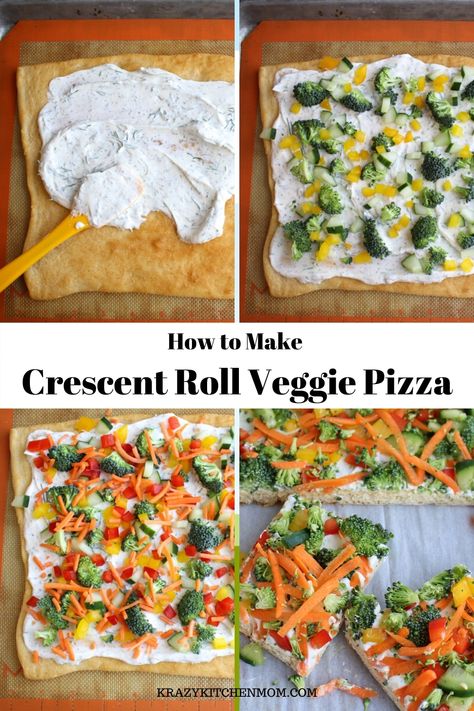 Crescent Roll Veggie Pizza a fresh way to eat veggies. It's made with refrigerator crescent roll dough, homemade dill dip and lots of fresh vegetables. I'd say it's a classic! Homemade Dill Dip, Crescent Roll Veggie Pizza, Cold Veggie Pizza, Veggie Pizza Recipe, Crescent Roll Pizza, Dill Dip, Eat Veggies, Crescent Roll Recipes, Veggie Pizza