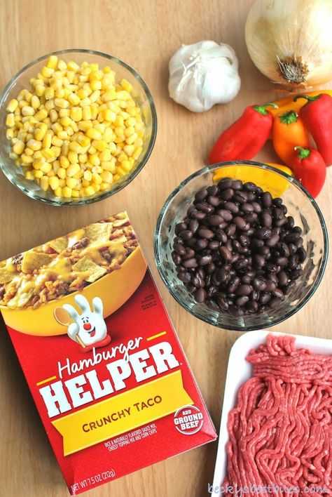 Loaded Crunchy Taco Hamburger Helper Recipe Taco Hamburger Helper, Taco Hamburger, Hamburger Helper Recipe, Hamburger Helper Recipes, Taco Rice, Taco Recipe, Hamburger Helper, Corn Chips, Family Meal