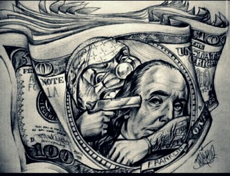 Money Drawing, Gangsta Tattoos, Clown Tattoo, Money Tattoo, Prison Art, Chicano Style Tattoo, Chicano Tattoos, Lowrider Art, Chicano Art Tattoos