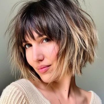 75 Cute Choppy Bob Hairstyles to Try This Year Dark Brown Short Hair With Highlights Choppy Bobs, Choppy Bob With Bangs Over 40, Messy Chin Length Bob Hairstyles, Razor Cut Bob With Bangs, Razor Cut Bob For Fine Hair Straight, Bob Hairstyles For Fine Hair With Bangs, Layered Chin Length Bob, Messy Layered Bob, Shaggy Bob With Curtain Bangs