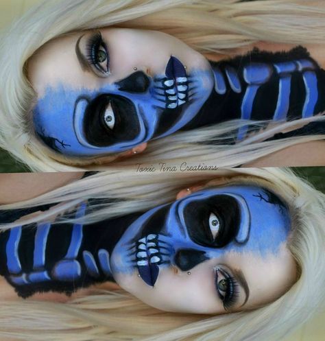 Blue pop art style skeleton makeup Blue Skull Makeup Halloween, Pop Art Skull Makeup, Blue Skeleton Makeup, Blue Skull Makeup, Zipper Face Halloween, Spfx Makeup, Holloween Makeup, Mack Up, Zipper Face