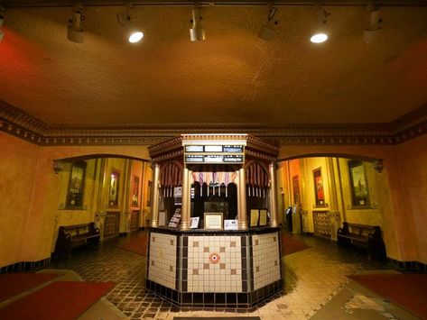 Old Movie Theater Interior, Theatre Ticket Booth, Theatre Lobby, Theater Lobby, Hotel Foyer, Historic Theater, Mediterranean Revival, Theatre Interior, Ticket Booth