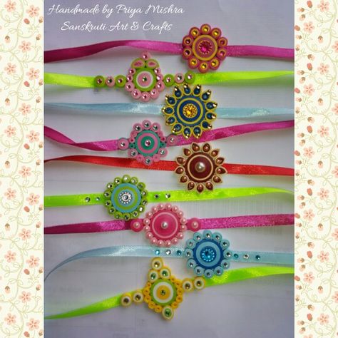 Quilling bracelet /rakhi from Sanskruti Art and crafts Quilling Rakhi Ideas, Quelling Rakhi, Quilling Rakhi Handmade, Quilling Bracelet, Quilling Accessories, Quilling Rakhi, Bracelet Rakhi, Kids Jewelry Diy, Quilling Jewellery