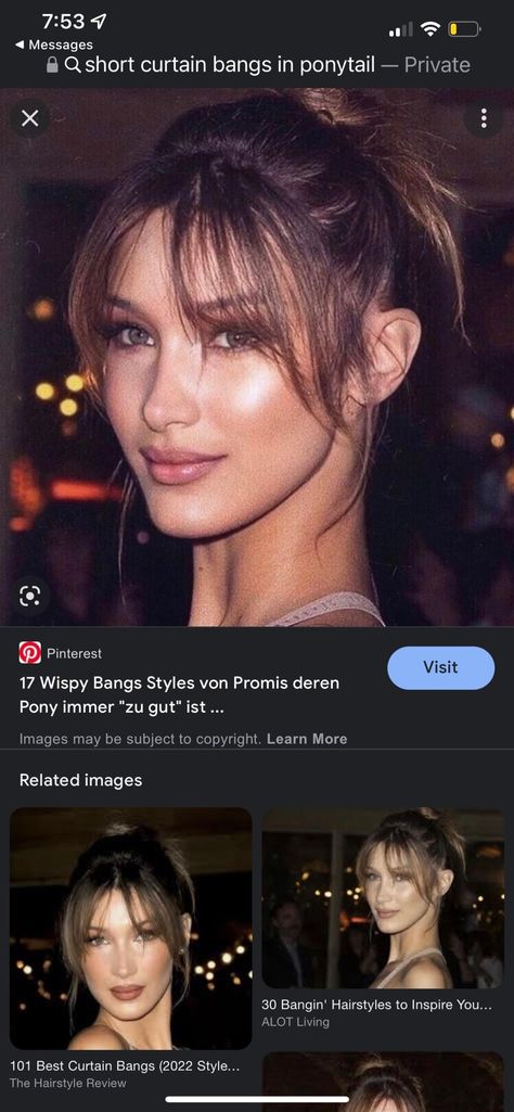 Side Bangs 2023 Trends, Light Side Bangs Wispy, Wispy Curtain Bangs Dark Hair, Side Bangs For Thinning Hair, Whispy 90s Bangs, Wispy Curtain Bangs Ponytail, Whisky Side Bangs, Slick Back Ponytail With Curtain Bangs, Swoops Bangs