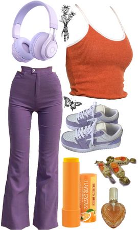 Purple & Orange 70s Outfit | ShopLook Orange And Purple Outfit Aesthetic, Colorful 2000s Outfits, Purple 70s Aesthetic, Orange And Purple Outfit, Purple And Orange Outfit, Orange Outfits, 70s Fashion Disco, Purple Bottom, 90’s Outfits