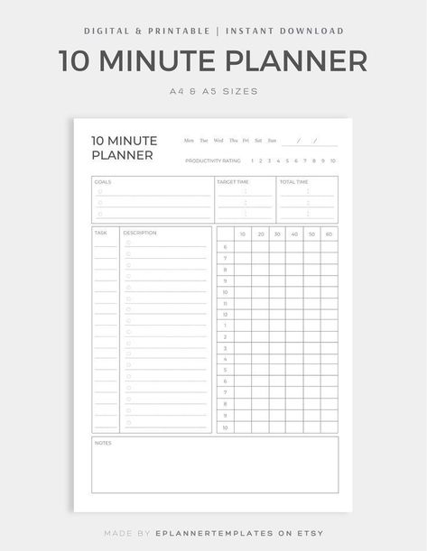 Conquer your day!  10-minute Pomodoro planner, digital & printable A4/A5.  Boost productivity, track habits & budget. Assignment Tracker Template, 10 Minute Planner, Pomodoro Planner, Student Planner Organization, Study Planner Printable Free, Daily Planner Templates, Assignment Tracker, Travel Planner Template, Free Notion Templates