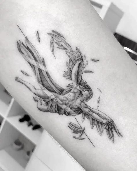 ICARUS TATTOO: Meanings, Tattoo Ideas & Tattoo Designs - TATTOOGOTO Icarus Tattoos, Wing Tattoo Arm, Maze Tattoo, Icarus Tattoo, Inside Of Arm Tattoo, Greek God Tattoo, 2024 Tattoo, Green Tattoos, Flying Tattoo