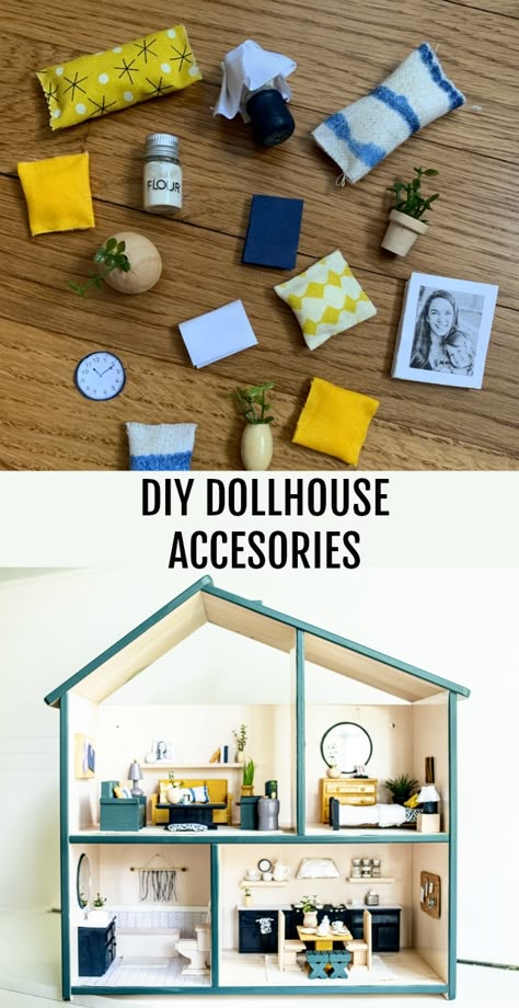 Dollhouse accessories made out of things you likely have on hand or can find for cheap! How To Make Doll House, How To Make Doll House Furniture Out Of Cardboard, Dolls House Accessories, Hobbycraft Dolls House, Make Doll House Furniture, How To Build A Doll House Diy, How To Make A Doll House, Cardboard Doll Furniture, How To Make Doll House Furniture