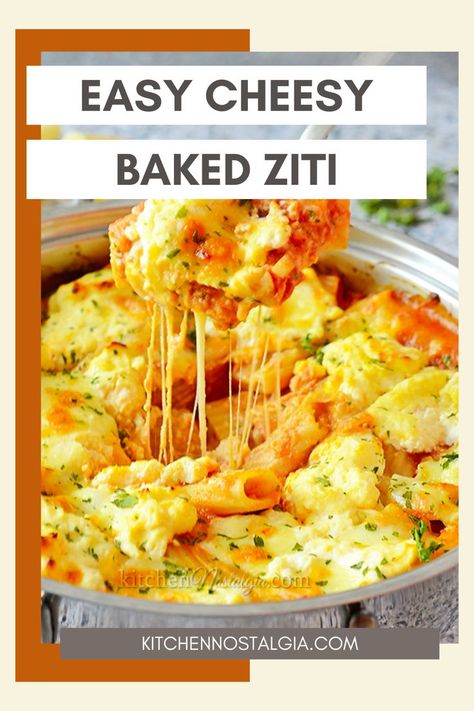 You only need one pot to make this Baked Ziti. In just 30 minutes, you can whip up a satisfying and flavorful Italian-inspired meal that's sure to please everyone at the table. With tender ziti pasta, savory marinara sauce, and creamy ricotta cheese, this hearty casserole is the perfect comfort food for any night of the week. One Pot Baked Ziti, Nostalgia Recipes, Cheesy Baked Ziti, Baked Ziti With Ricotta, Kitchen Nostalgia, Meat Love, Comfort Pasta, Ziti Pasta, Hearty Casseroles