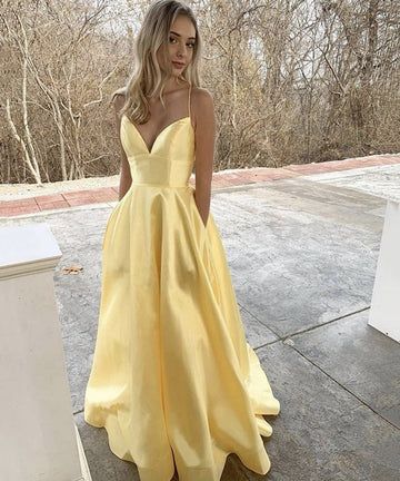 Satin Long Prom Dress, Simple Evening Dress, Yellow Evening Dresses, Yellow Prom, Prom Dresses Simple, A Line Prom Dress, Backless Evening Dress, Prom Dress Evening, Prom Dresses Yellow