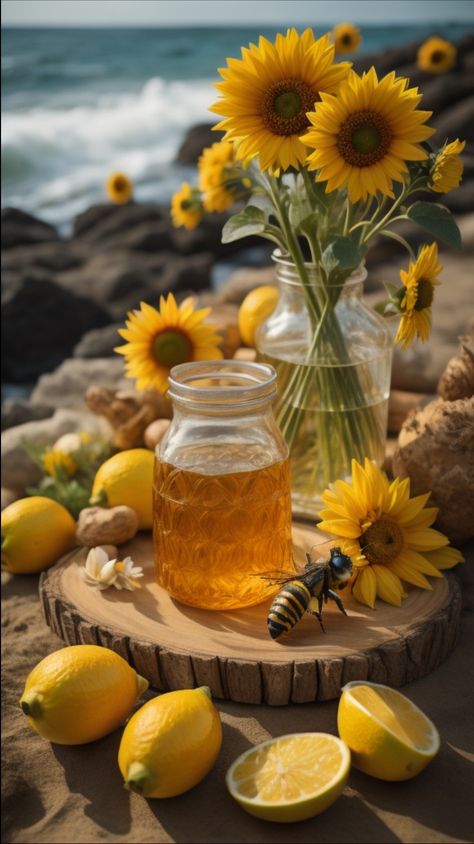 It is an AI generated image. Sunflowers in a pitcher and honey in a glass jar on a large wooden board or coaster. There is a large bee on the coaster as well, near a fallen sunflower. The wooden board is also surrounded by lemons. The ocean and rocks and boulders are in the background. Summer Solstice Party Aesthetic, Litha Altar Summer Solstice, Summer Witch Aesthetic, Summer Solstice Aesthetic, Litha Aesthetic, Litha Celebration, Autumn Solstice, Solar Witch, Spring Solstice