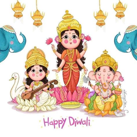 Cute Lakshmi Goddess Cartoon, Cute Diwali Drawing, Lakshmi Ganesh Painting, Diwali Cartoon Images, Diwali Illustration Art, Lakshmi Illustration, Diwali Cartoon, Diwali Goddess, Diwali Gods