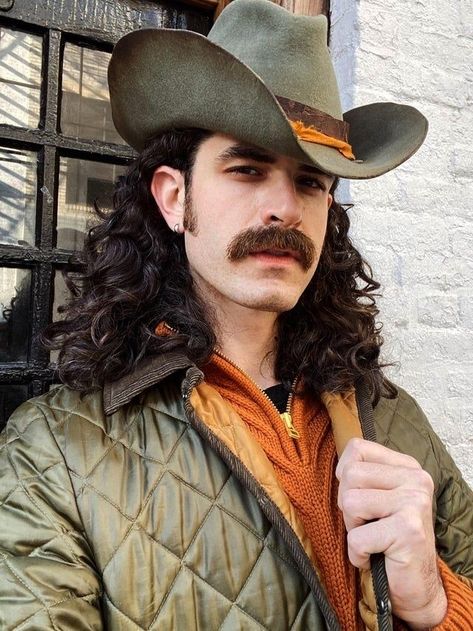 Men With Long Hair And Mustache, Long Hair And Mustache, Long Hair Mustache, Guy Compliments, Cowboy Reference, Thick Mustaches, Moustache Style, Beard And Mustache Styles, Mens Hairstyles With Beard