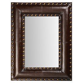 Wall mirror with an upholstered faux leather frame and studded detail. Western Mirror, Faux Leather Walls, Cozy Lodge, Leather Mirror, Leather Frame, Ranch Decor, Leather Wall, Leather Frames, Venetian Mirrors