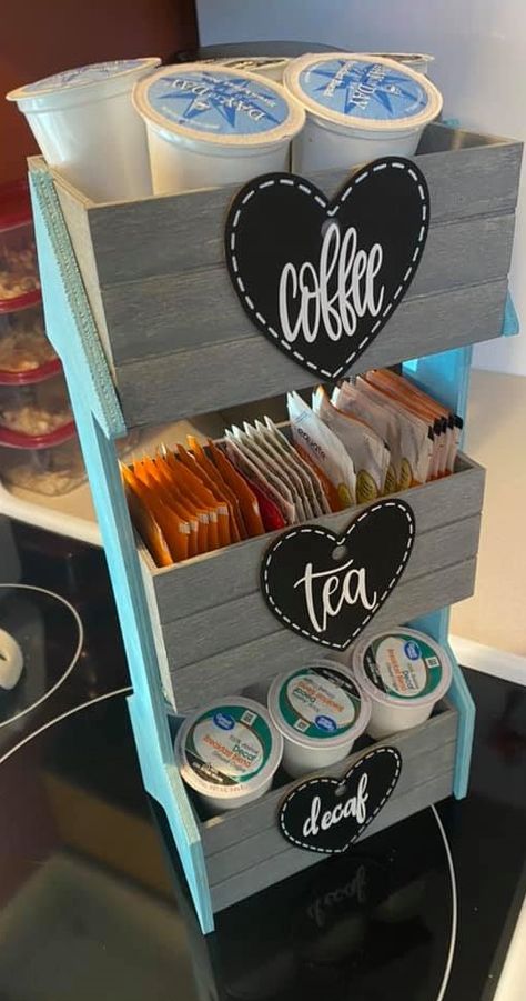 Diy 2 Tier Tray Dollar Tree, Dollar Tree Coffee Bar Ideas, Coffee Bar Organizer, Dollar Tree Diy Organization, Dollar Tree Projects, Dollar Tree Organization, Coffee Stand, Dollar Store Diy Organization, Tree Projects