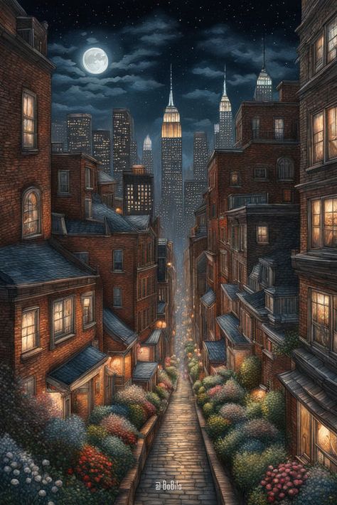 Fantasy Cityscape Inspired by New York: Vintage Style, Moonlit Night Fantasy Cityscape, City Skyline At Night, Urban Illustration, Fantasy Elements, Skyline At Night, American City, Moonlit Night, New York Vintage, The Spell