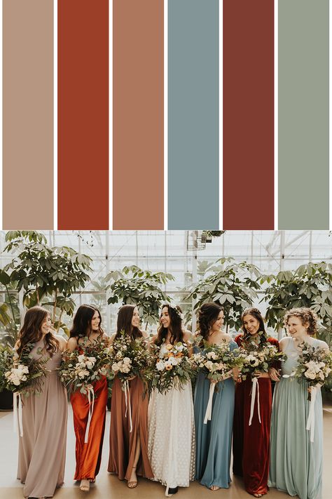 Boho Wedding Palette Colour Schemes, Fall Bridal Color Schemes, Boho Colour Palette Wedding, Summer Wedding Colors For Bridesmaids, June Boho Wedding Colors, Boho Bridesmaid Colors, October Color Scheme, Rustic Color Theme, Boho Wedding Pallet