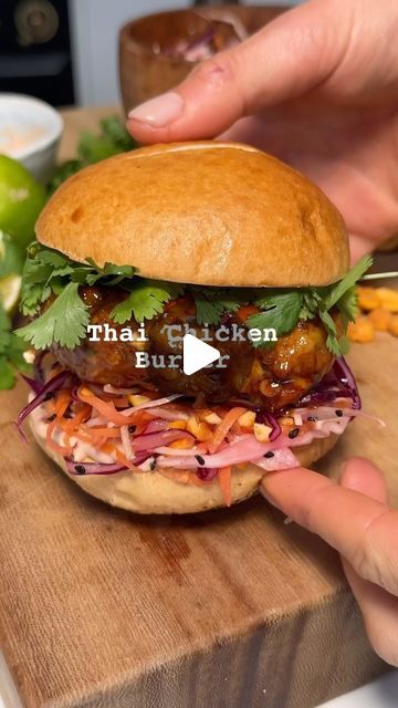 43K views · 1.4K likes | Georgia May on Instagram: "Thai Chicken Burgers with Sesame & Peanut Slaw and a Curry Yoghurt Sauce 

These are soooo delicious, legit the most amazing burger ever. I have made these every week since I perfected the recipe. 
The patties keep in the fridge for 3 days. 

Burgers (makes 4 large patties) 
- 500g chicken mince 
- 2 tbsp Red Thai Curry Paste @thaitasteuk 
- 2 spring onions 
- Small bunch coriander 
- 1 tsp of soy sauce 
- 1 egg @clarence_court oves
- 25g breadcrumbs 

Glaze 
- 2 tbsp soy
- 2 tbsp honey 
- 1 tbsp Sriracha @sriracha_fg 
- Drizzle of sesame oil 

Slaw 
- 100g red cabbage 
- 100g white cabbage 
- 100g carrots 
- Handful roasted peanuts, chopped 
- 1/2 lime, juice and zest 
- Drizzle of sesame oil 
- Good pinch of sesame seeds 
- Pinch of sal Snacky Lunches, Cabbage Sandwich, Peanut Slaw, Chicken Burger Recipe, Burgers Chicken, Basil Pesto Chicken, Red Thai Curry, Yoghurt Sauce, Fried Chicken Burger