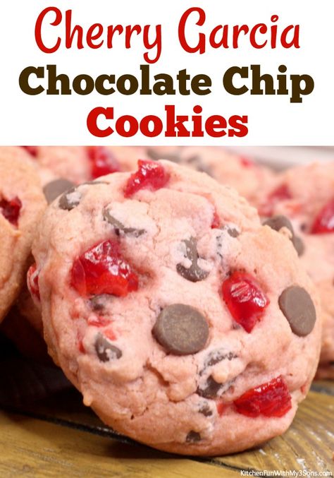 Chocolate Cherry Chip Cookies, Cherry Garcia Cookies Recipe, Cherry Almond Chocolate Chip Cookies, Chocolate Chip Cherry Cookies, Cherry Drop Cookies, Cherry Garcia Cookies, Semi Sweet Chocolate Chip Recipes, Hershey Kiss Cookies Recipe, Cherry Chip Cookies