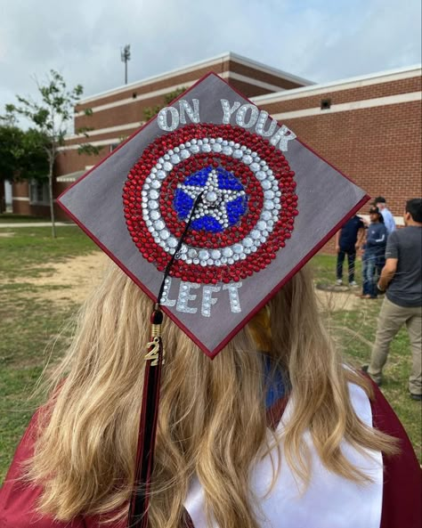 Captain America Graduation Cap, Grad Cap Ideas Marvel, Navy Blue Grad Cap Ideas, Avengers Graduation Cap, Lightning Mcqueen Graduation Cap, Marvel Graduation Cap, Marvel Graduation Cap Ideas, Graduation Cap Decoration Diy, Bucky Barnes Marvel