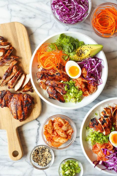 Bbq Chicken Rice Bowl, Korean Chicken Marinade, Korean Healthy Food, Chicken Bibimbap, Bbq Chicken Healthy, Chicken Rice Bowl Recipe, Korean Bbq Chicken, Chicken Rice Bowl, Rice Bowl Recipe