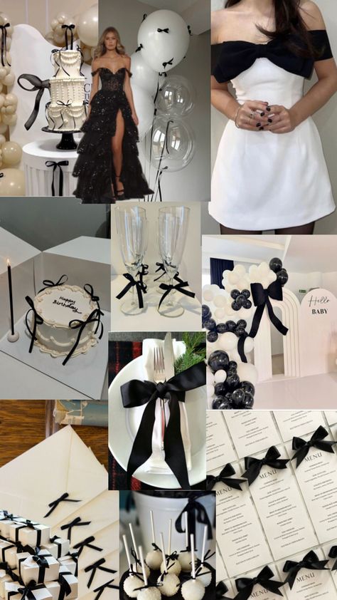 🖤 Black Woman Birthday Party Themes, Black Tie 18th Birthday Party, Black Tie Decorations Party Ideas, Black And White Aesthetic Birthday, Black And White Birthday Theme Decoration, Black And White Aesthetic Party, Birthday Black Theme, Black Birthday Theme Party Ideas, Black Tie Birthday Party Ideas