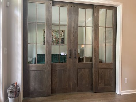 Brown Sliding Doors, Den With Barn Doors, Farm Sliding Door, Office Double Doors, Sliding Office Doors, Double Barn Doors Sliding, Home Office Doors, Indoor Barn Doors, Sliding Wood Doors