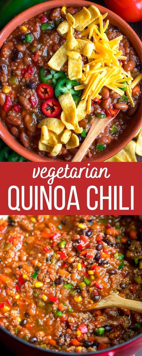 quinoa chili bowl with jalapeños, cheese, and Fritos corn chips on top Vegetarian Chili With Grains And Beans, Healthy Vegan Chili Recipe, Gluten Free Vegetarian Chili, Vegetarian Taco Chili, Vegetarian Jalapeno Recipes, Vegetarian Chili With Quinoa, Vegetarian Chili Recipe Crockpot, Healthy Vegetarian Chili, Veggie Chili Recipe